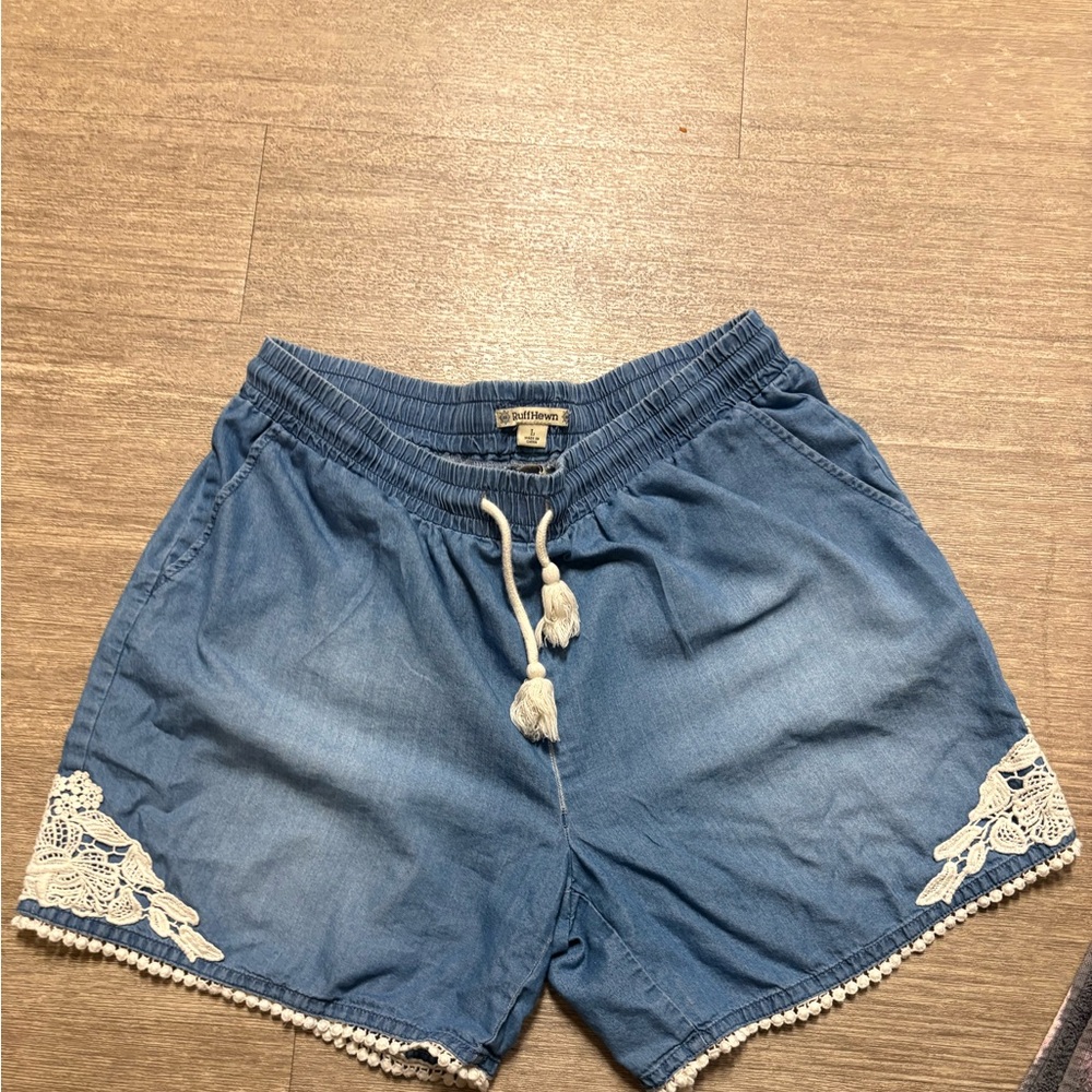 Ruff Hewn Blue High Waist Denim Shorts with Lace